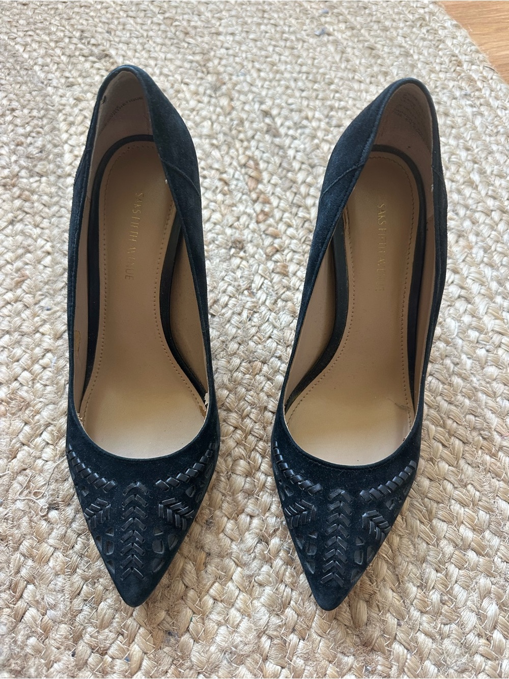Saks Fifth Avenue Black Suede Pointed-Toe Pumps with Woven Detail